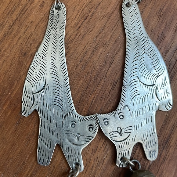 Vintage Silver Stamped Cat Playing with Ball Bell Earrings - Picture 2 of 6